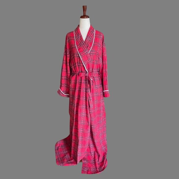 Lanz of Salzburg Red Plaid Tartan Flannel Womens Robe Tie Belt Lace Large - Picture 2 of 10